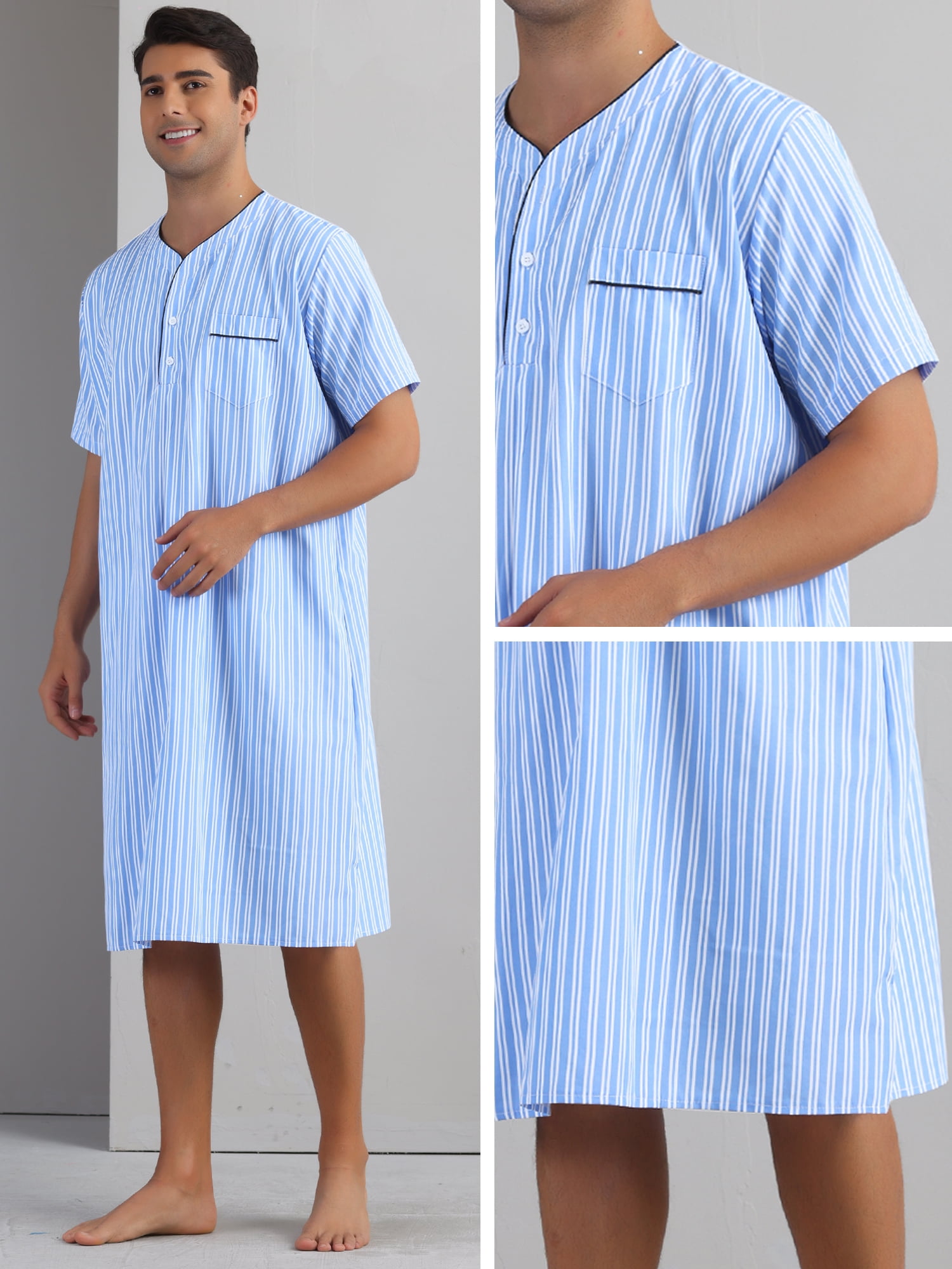 DARING DIVA Men's Short Sleeve Striped V-Neck Button Down Sleep Gown L Light Blue