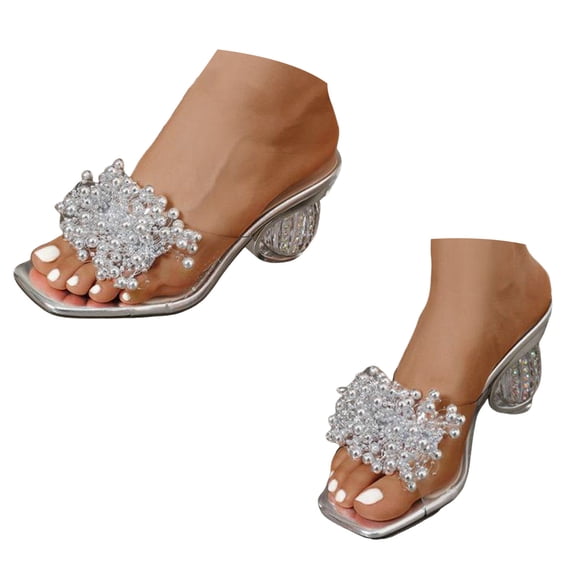 YLYL Women's Sandals Shiny Square Open Toe Chunky Block Heel Fashion Slip on Summer Party Slippers
