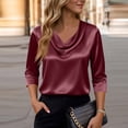 thumbnail image 2 of Dressy Tops for Women 3/4 Sleeve Silk Satin Blouses Business Work T Shirts Loose Fit Solid Color Cowl Neck Spring Summer Outfits 2026 Wine XL, 2 of 7