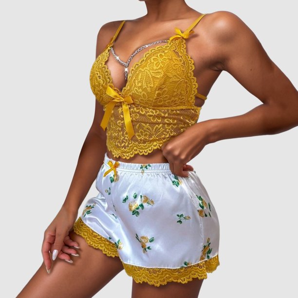 MKLEKYY Conjunto De Pantalones Cortos De Mezclilla Para Mujer, Sexy, Con Tirantes De Encaje Y Sujetador De Cadena
