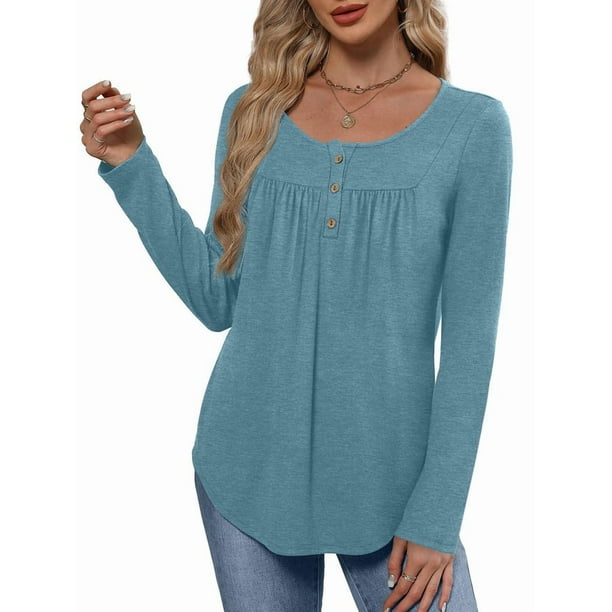 Camisas de Larga para Mujer, Conjuntos de Otoño, Cuello Redondo, Túnicas Casuales, Blusas de Moda, Ropa de Moda. Azul Pavo Real L