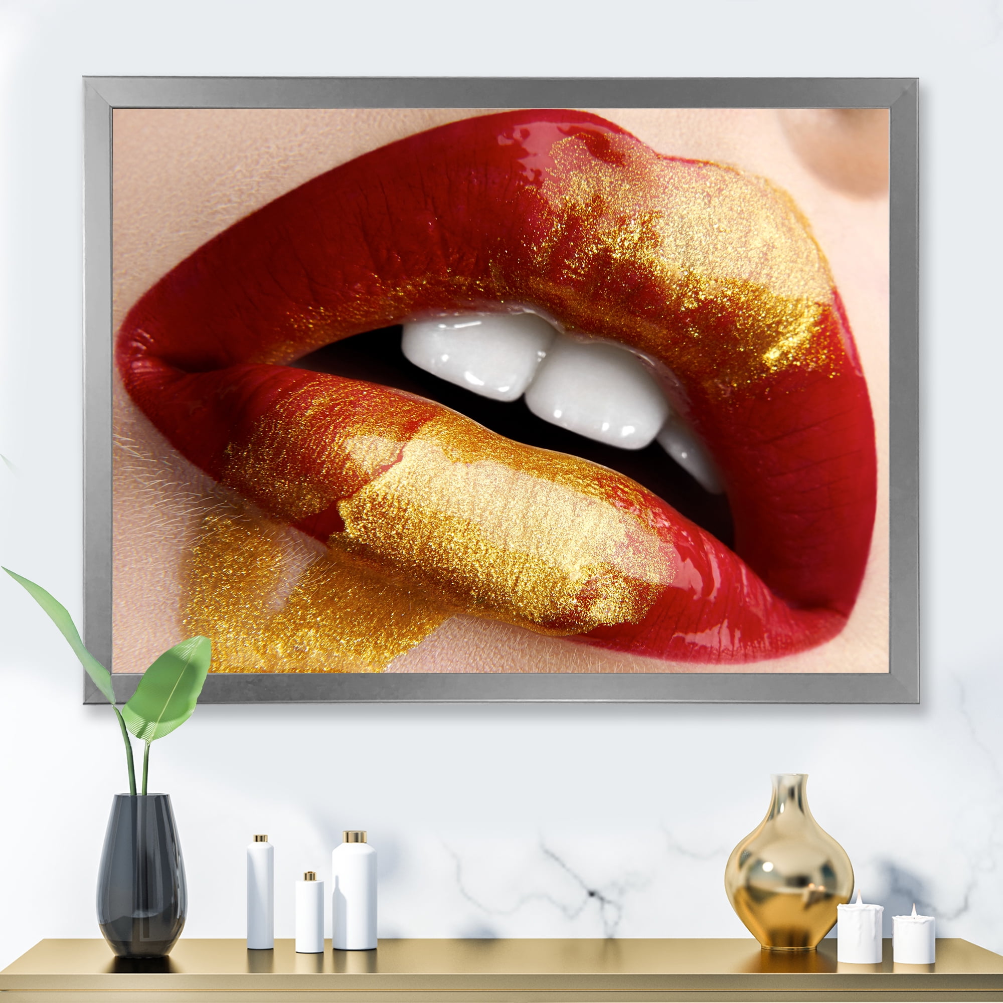 Designart 'Plump Woman Lips With Gold and Red' Modern Framed Art Print