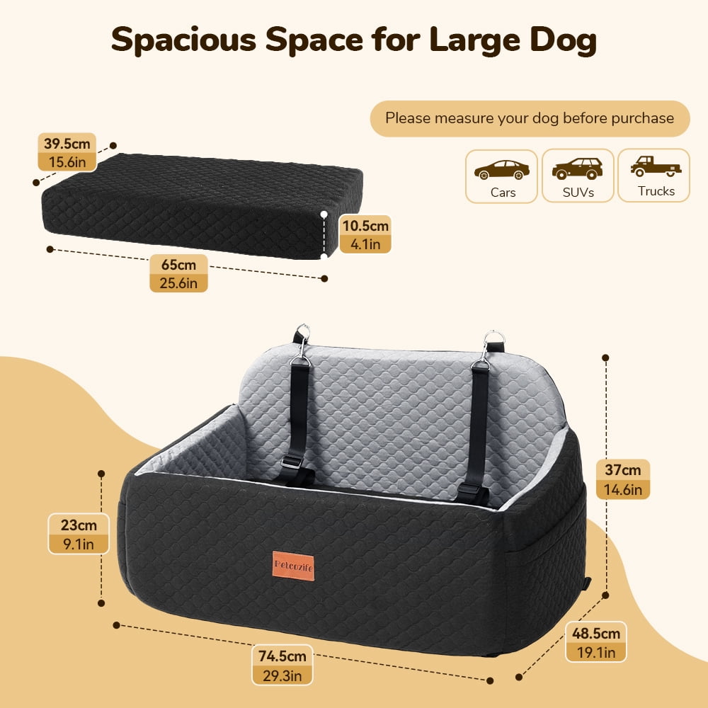 Large Dog Car Seat, DOMIPET Elevated Pet Car Seat for Dogs up to 55kg, Detachable & Washable Car Dog Bed with Storage Pockets