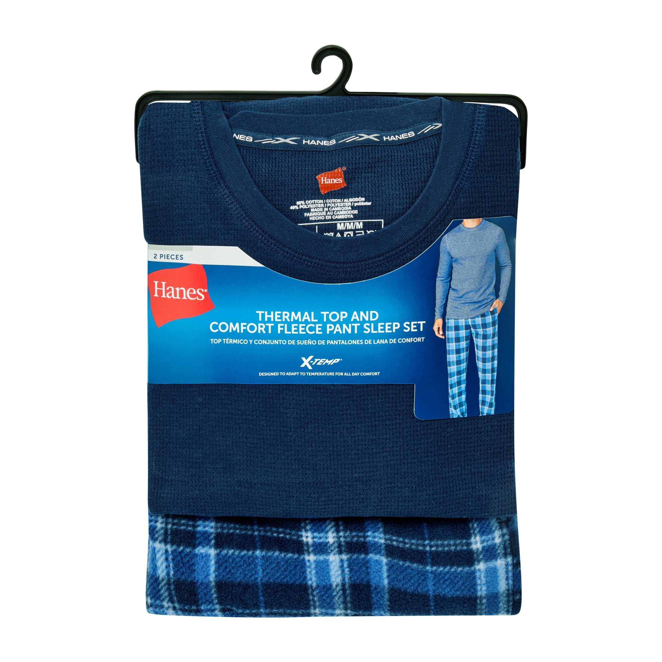 Hanes Men's Micro Fleece Sleep Set, Thermal Top with Plaid Printed Pajama Pants, Blue
