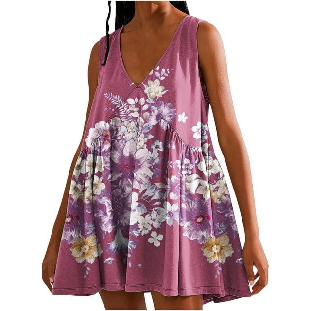 Vestido de Verano Casual, Vestido de Cuello en V sin Mangas Impreso Suelto Hecho de Poliéster Cómodo para el Uso Diario de Verano de Primavera, Vestido de Verano de Mujer
