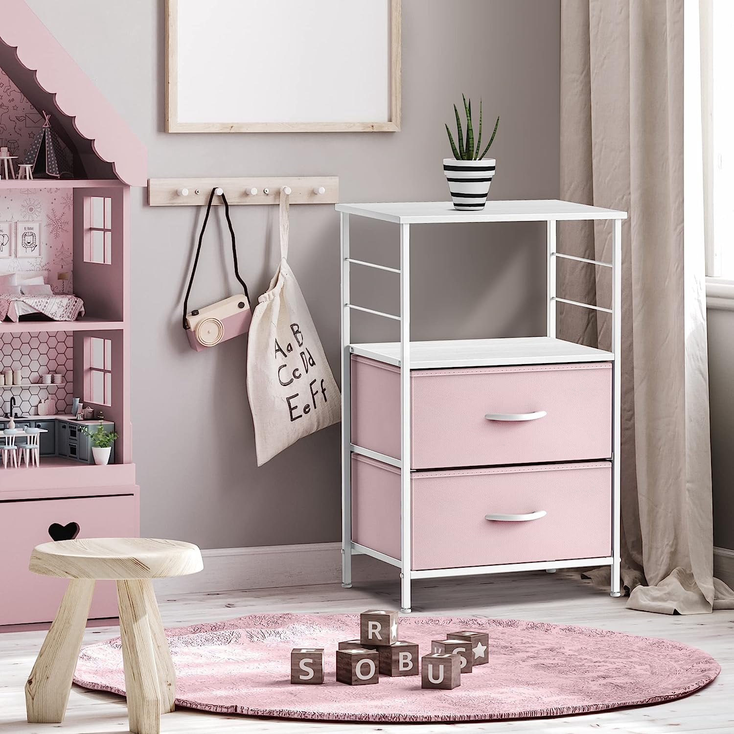 Sorbus 2-Drawer Nightstand with Fabric Drawer, Steel Frame and Open Shelf, Pink