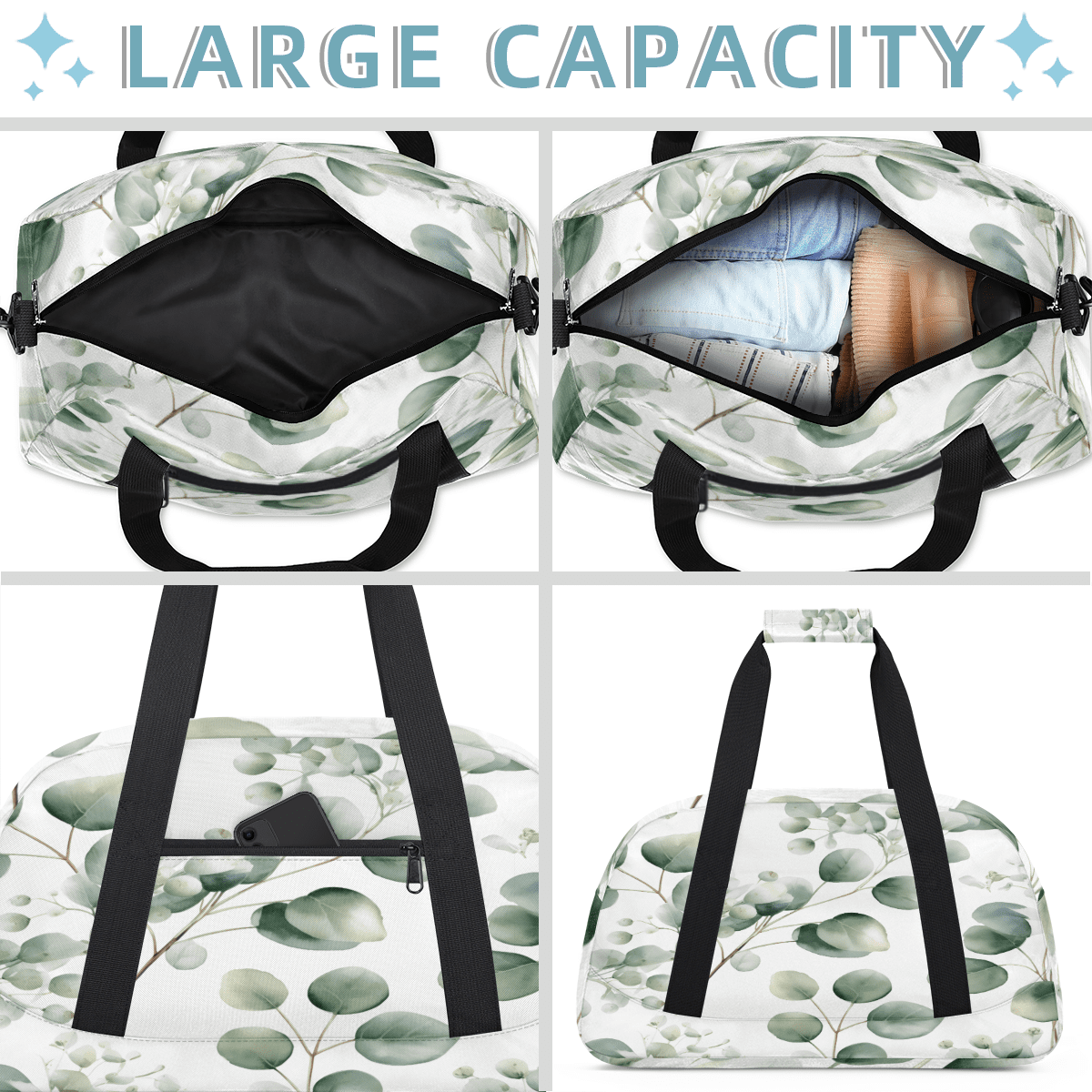 Herdesigns Sage Green Sports Duffle Bag for Women & Men, Eucalyptus Leaf Gym Bag Dance Bag Overnight Bag Carry On Weekender Travel Bag