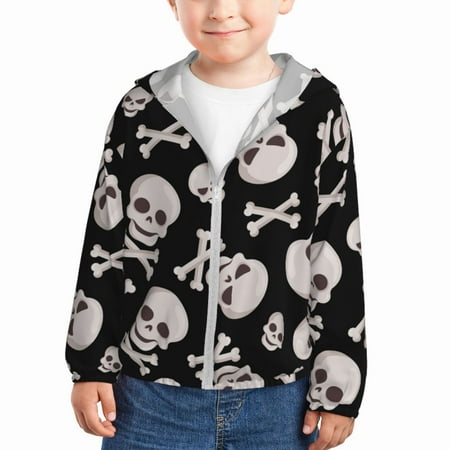 

Lukts black white Skull bone Print Children s Long-Sleeved Sun Protection Clothing Hooded Sweatshirts for Boys and Girls Outdoor Sports-4 Years