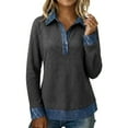 thumbnail image 3 of Trendfront Womens Denim Patchwork Knit Tops Lapel Collar Casual Loose Fit Long Sleeve Tee Trendy Fashion T Shirts Pullover Daily Outfits, 3 of 7