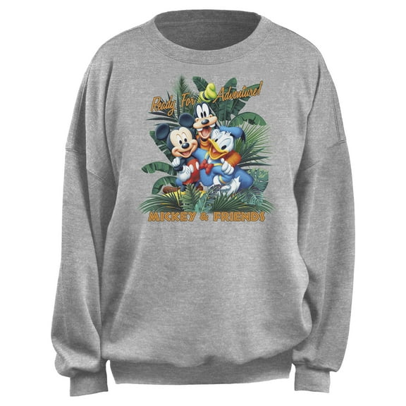Junior's Mickey & Friends Ready For Adventure Tropical Group Sweatshirt Heather Gray Medium