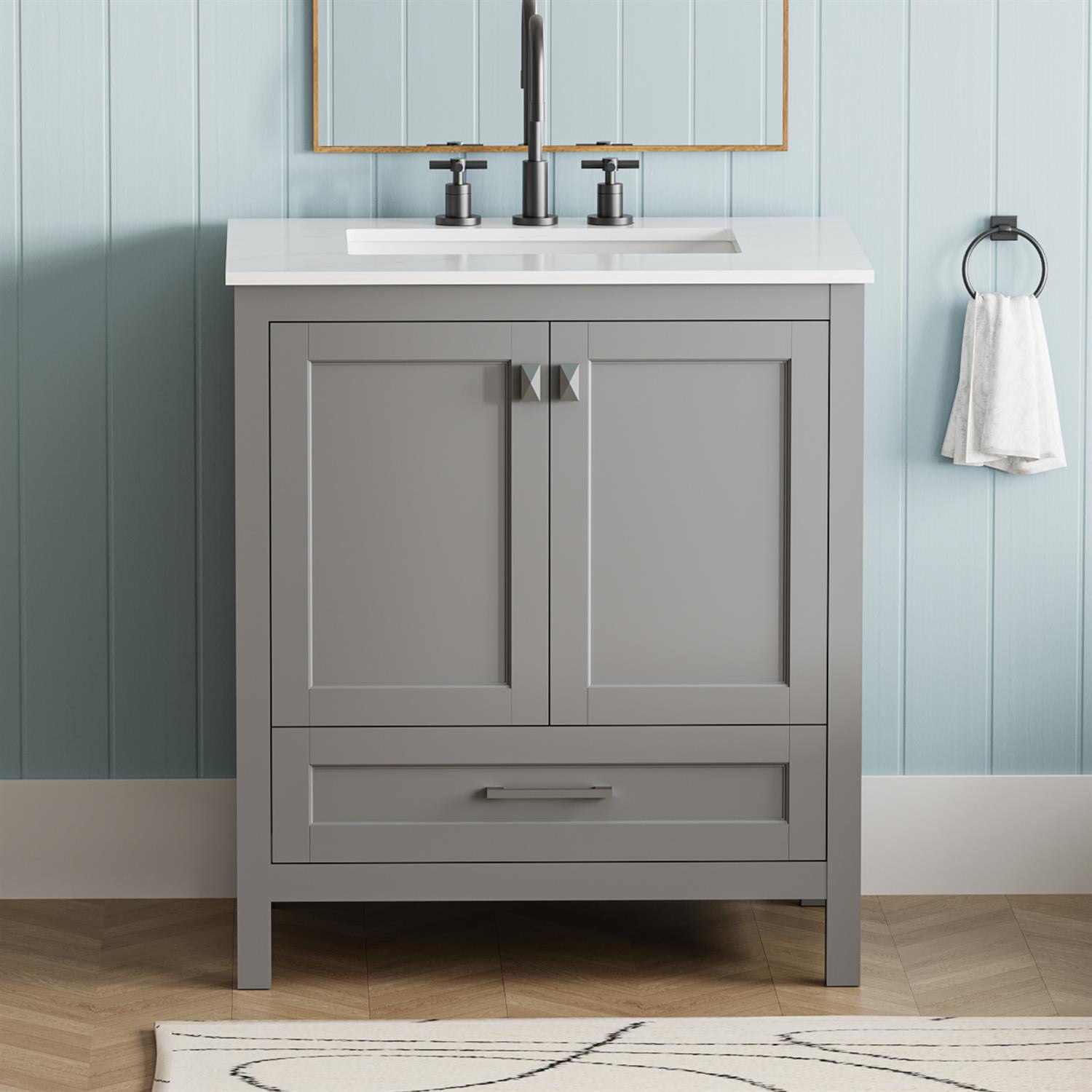 Demi Bonn 30" Freestanding Bathroom Vanity with Sink, Carrara Engineered Marble Vanity Top, Soft-Close Door, Under-mounted Rectangular Ceramic Sink, Gray