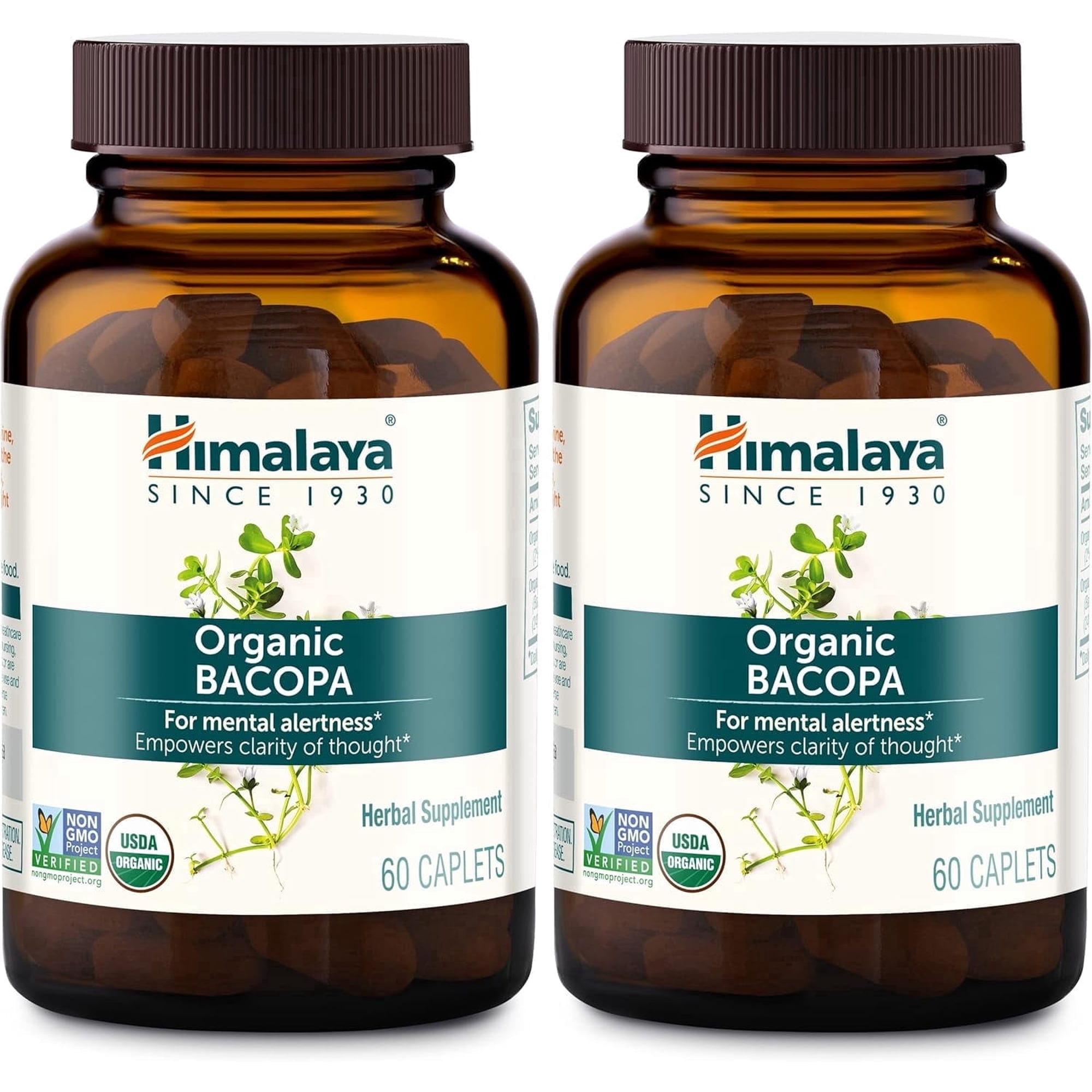 Himalaya USDA Organic Bacopa Monnieri Supplement for Mental Alertness, 750 mg, 60 Caplets, 2 Pack
