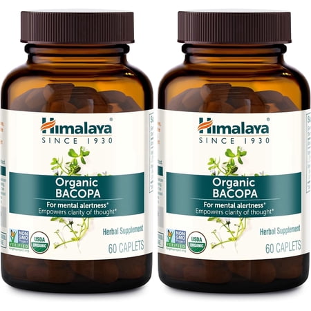 Himalaya USDA Organic Bacopa Monnieri Supplement for Mental Alertness, 750 mg, 60 Caplets, 2 Pack