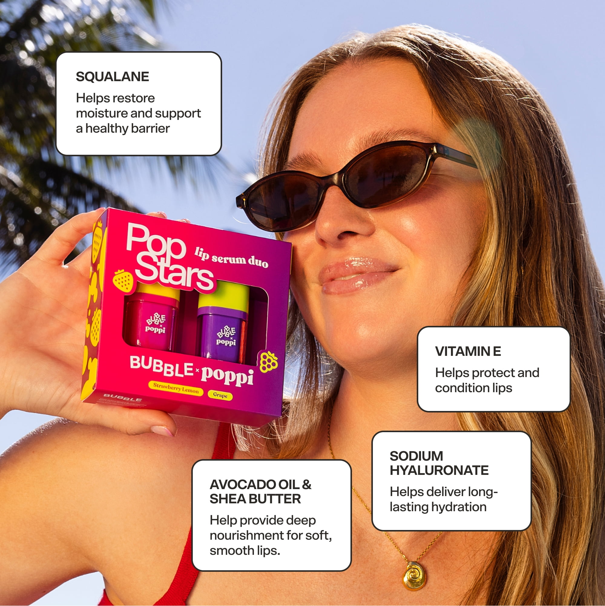 BUBBLE x poppi Pop Stars Lip Serum Duo, Strawberry Lemon & Grape, 9ML