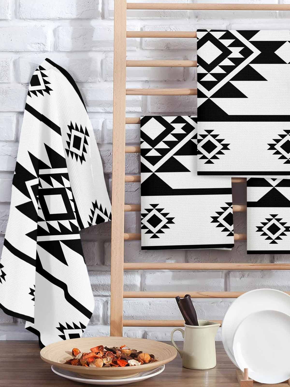 White Black Boho Kitchen Dish Towels for Drying Dishes Set of 3, Southwest Ethnic Abstract Geometric Waffle Weave Microfiber Hand Tea Bathroom Towels Quick Dry & Absorbent Towel 15.7x23.6