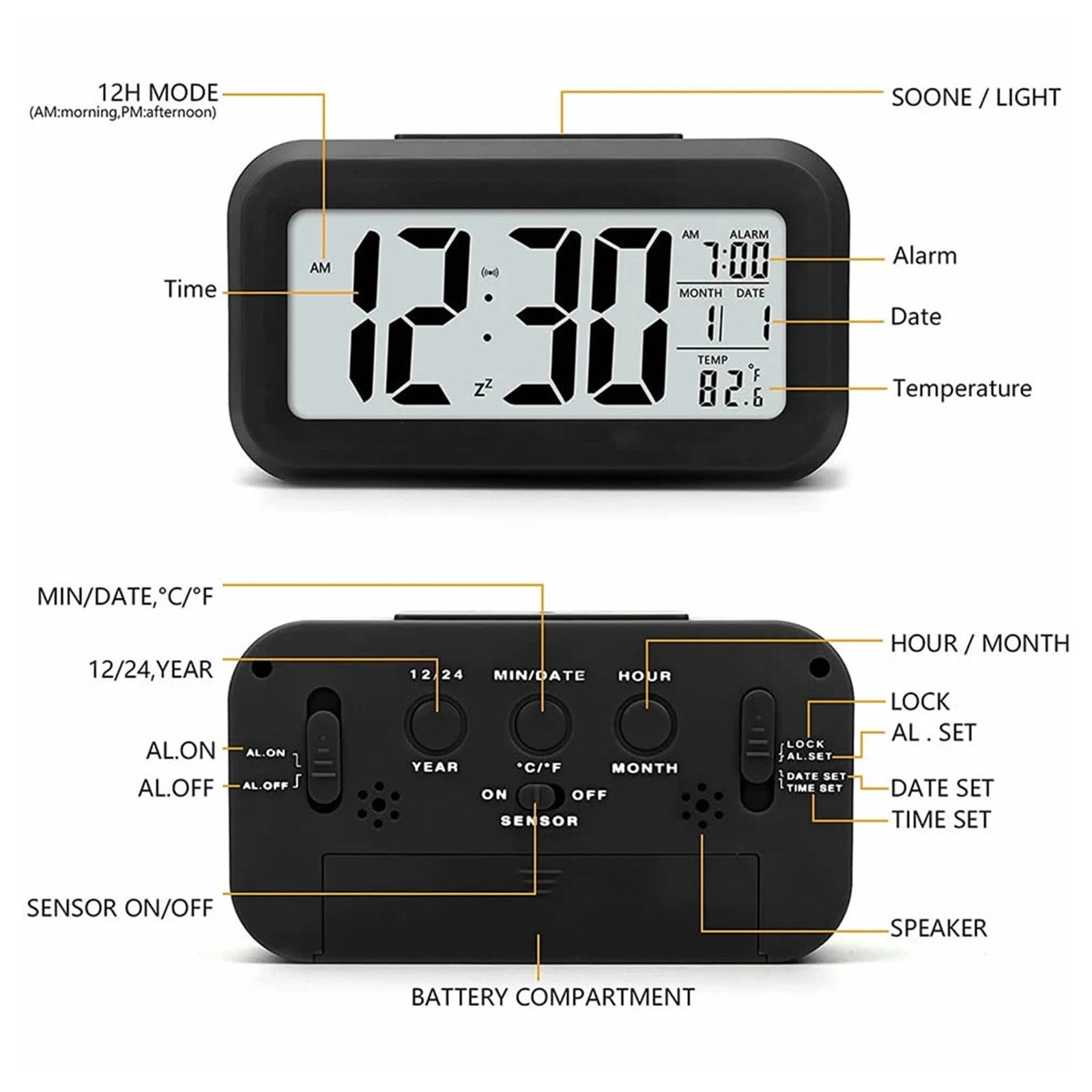 Alarm Clock LED Digital Display Calendar Temperature Backlight Mute Function Table Clock for Home Oiffce 12/24 H Desktop Clock