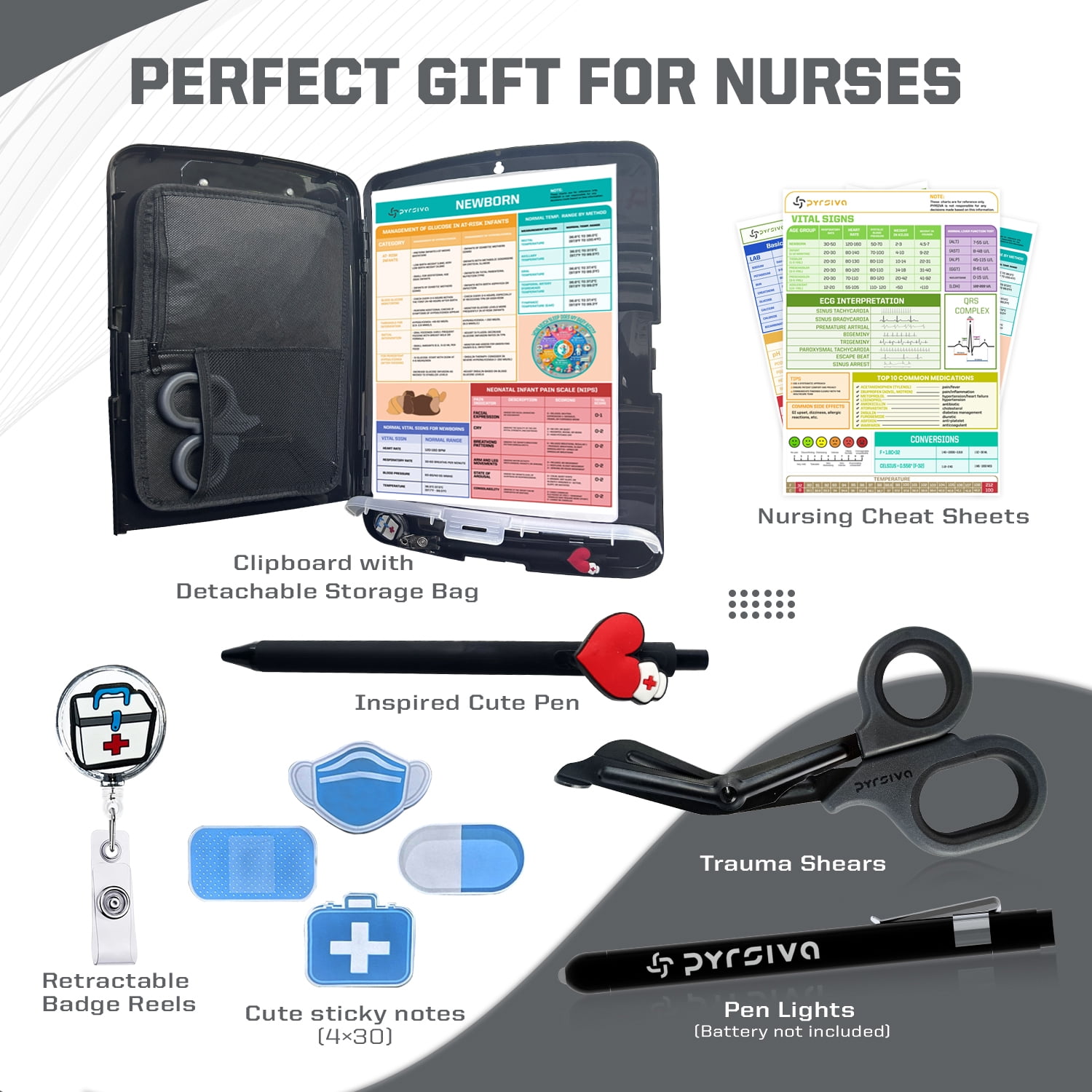 Nursing Kit – Nurse Accessories for Work | Trauma Shears, Clipboard with Storage, Badge Reel, Pen Light, Sticky Notes, Pen & Cheat Sheet – for Nursing Students & Professionals