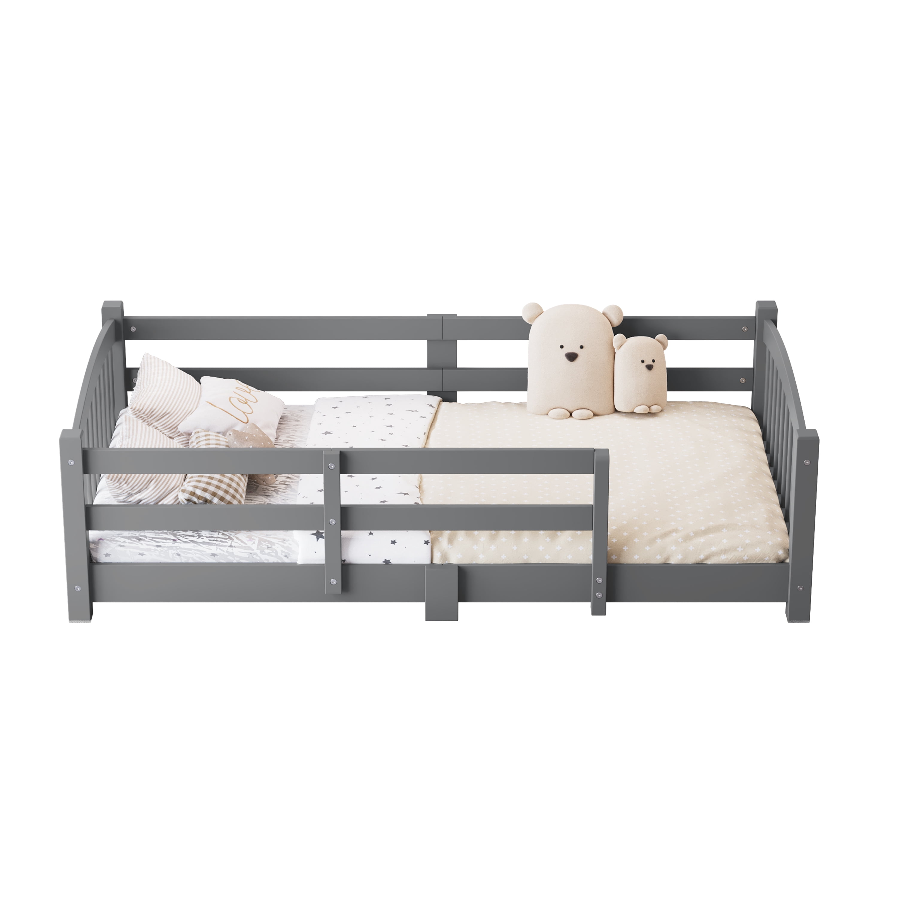 Twin Montessori Floor Bed with Safety Guardrails, Solid Pine Wood Platform Bed with Slats, Gray Toddler Bed for Boys Girls, Easy Assembly