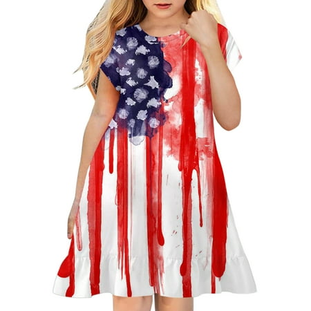 

GWAABD Girls Dresses Casual Red Polyester Spandex Independence Day for Children toddler 4th of July 3D Graphic Printed Girls Short Sleeve Kids Casual Soft Party Princess Dress 100.00