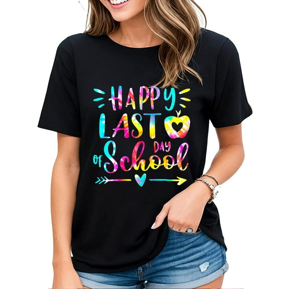 Tie Dye Happy Last Day of School Shirts Teacher Student T-Shirt Casual Short Sleeve Tops Black 3X-Large