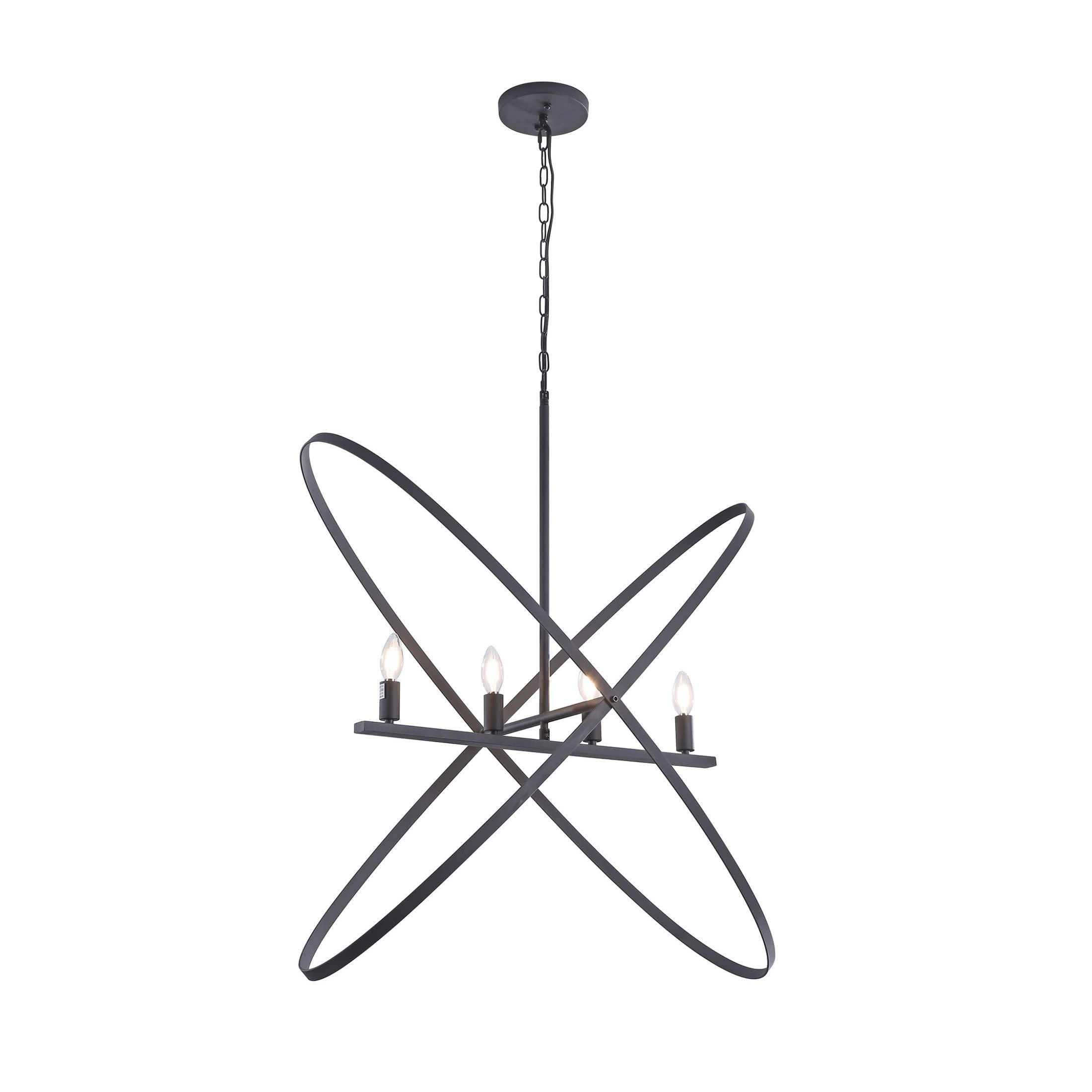 Noble House 29" Atom Pendant Light, E12 4-Light Orb with Brass Metal Bands, Modern LED Hanging Fixture, Matte Black