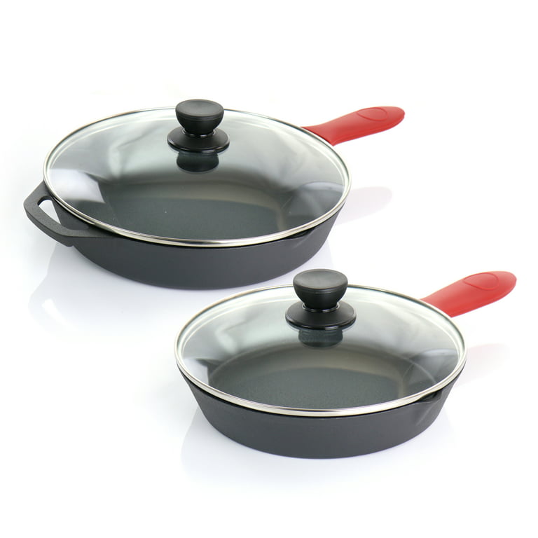 MegaChef Cast Iron Pre-Seasoned 6 Piece Skillet Set with Lids and Red Silicone Holders