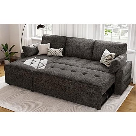 2024 Pull Out Convertible Sleeper Sofa Bed with Storage Chaise Tufted Sectional Couch for Living Room (Dark Grey)
