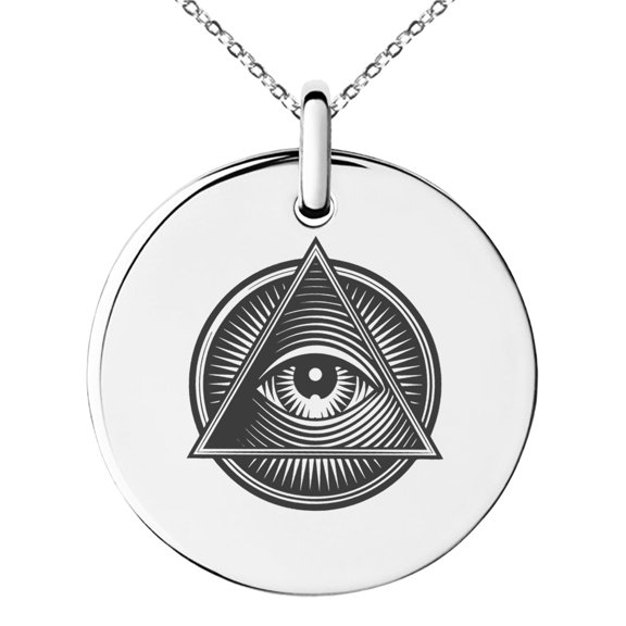 Tioneer Stainless Steel All Seeing Eye Emblem Engraved Small Medallion Circle Charm Pendant Necklace
