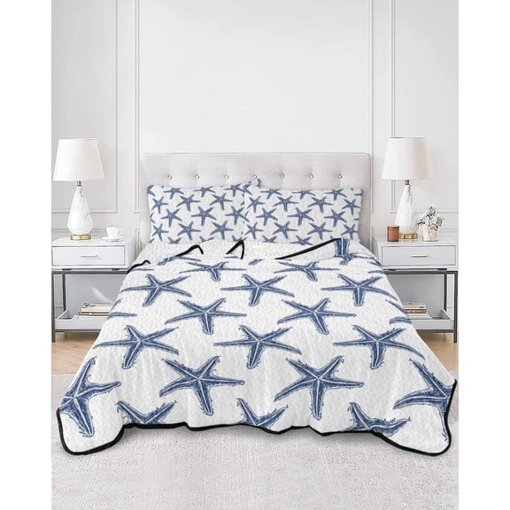 Quilts King Size, Navy Blue Beach Starfish Soft Comforter Bedding Set for Bed, Summer Ocean Nautical Coastal Lightweight Quilted Bedspread with Pillow Cover(2 Pieces) for All Season, 96x106 Inch