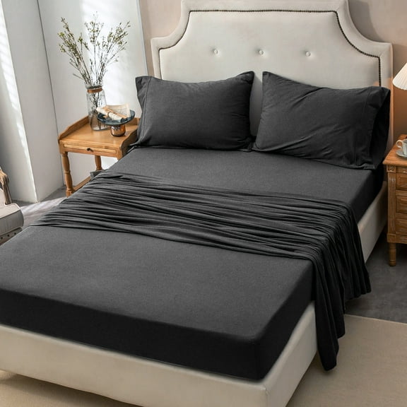 Pure Era Ultra Soft T-Shirt Jersey Knit Cotton 4pc Sheet Set Full Size Charcoal Gray