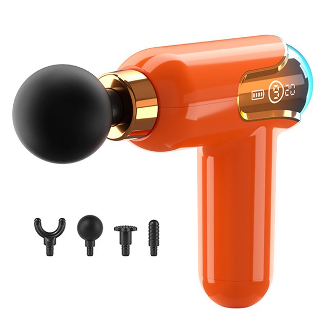 pistola eléctrica fascia mute mini pistola de masaje segura para dispositivo de fitness naranja Pistola de masaje compacta naranja, vista frontal 3/4 con cabeza redonda negra en acople dorado y pantalla LED lateral; cuatro cabezales intercambiables (horquilla, bola, plano, cilindro), batería 1800 mAh y operación silenciosa <45 dB, adecuada para aplicar pulsos profundos en músculos. Fondo blanco.