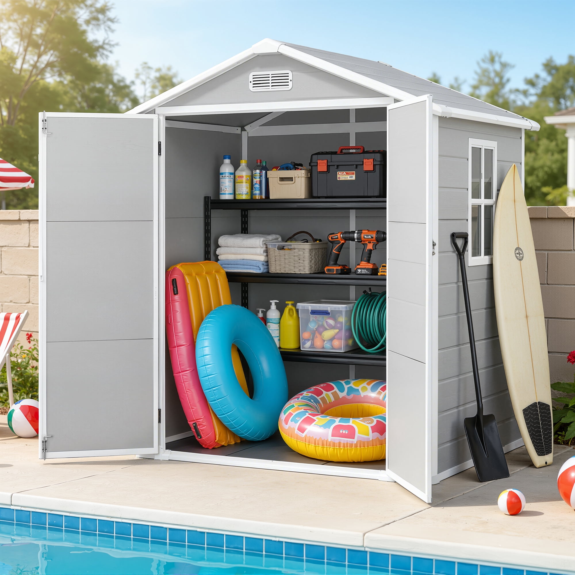 6×4.4ft Outdoor Shed & Storage, Seizeen All-Weather Plastic Sheds with Floor, Sloped Top Garden Shed with Window, Lockable Double Door Resin Patio Storage for Garage Backyard Bike Mower