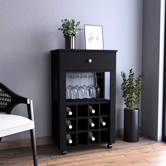 Spacious Bar Cart With Twelve-built-in Wine Rack - Black Finish 12-built-in And Extra Room