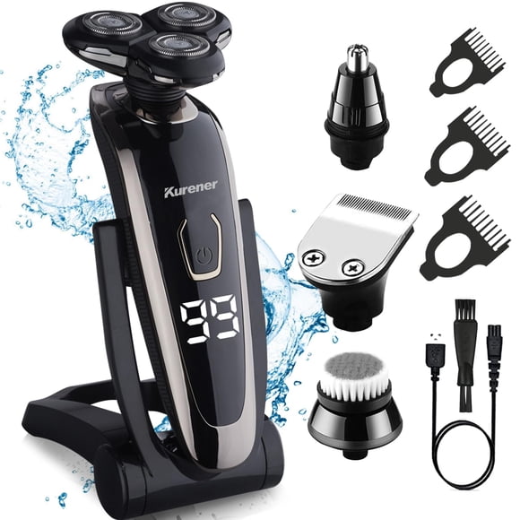 kurener Electric Razor for Men Shaver Rechargeable 100% Waterproof Rotary for Shaving with Nose Trimmer Sideburns Trimmer Face Cleaning Brush, Black, KR1260