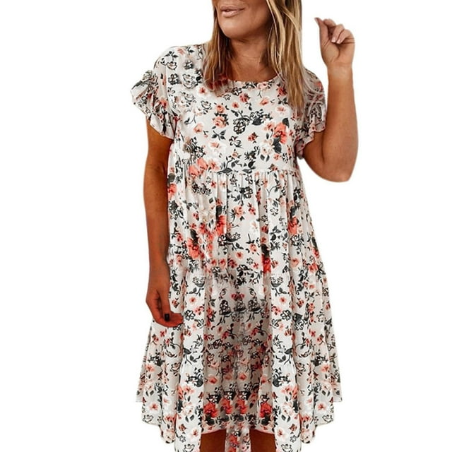 Kcodviy Robes Mini à Volants d'Été pour Femme Été Robe Trapèze Nouvelles Robes Mignonnes pour Femme Hiver Robes à Imprimé Floral Femme Robes d'Automne pour Femme Décontractées Col Rond Élégante à Manches Courtes Robe de Soirée
