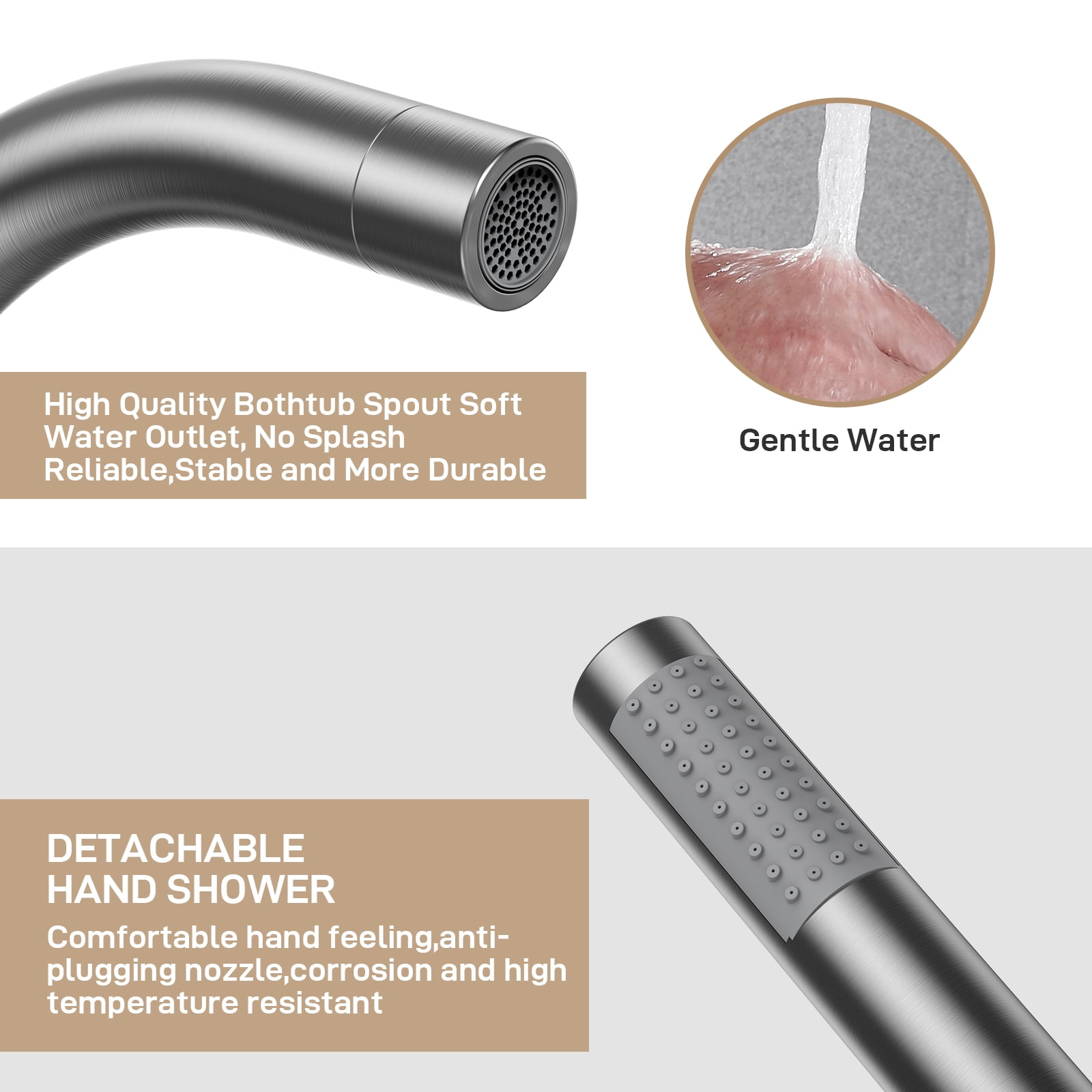 Freestanding Floor Tub Filler Standing High Flow Shower Faucets, Shower Mixer Taps, Swivel Gooseneck Spout with Cylinder Handheld Mount Bathtub Faucet, Brushed Nickel