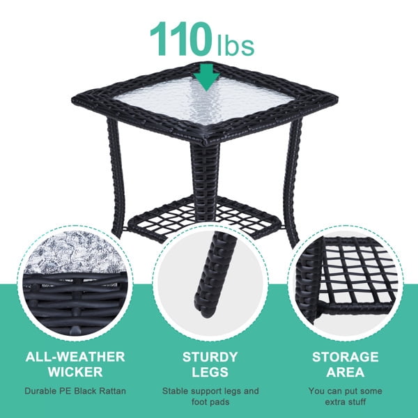 Alvantor Black Wicker Small Side Table 18 x 18x 22.6 in Outdoor Patio End Table with Ripple Tempered Glass Top and Lower Shelf