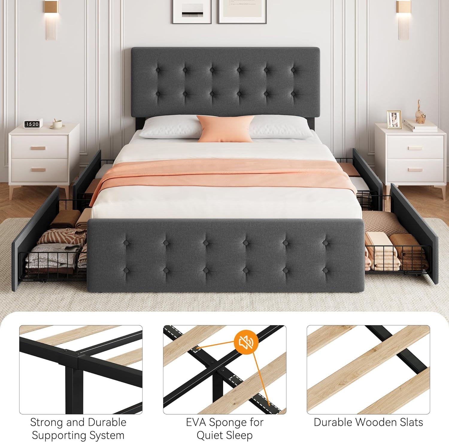 Full Size Linen Upholstered Bed Frame with 4 Storage Drawers, Button Tufted Headboard, No Box Spring, Dark Grey