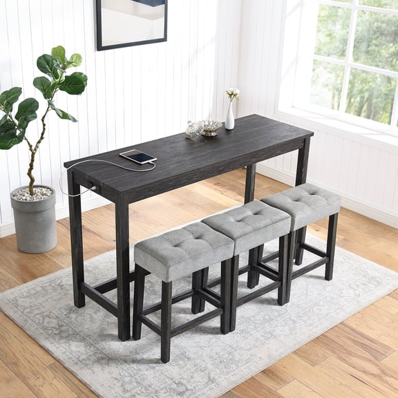 Gearwell Bar Table Set, 4 Piece Counter Height Dining Set with Power Outlet, Industrial Pub Table and Chairs for Kitchen, Living Room, Dining Room, Game Room