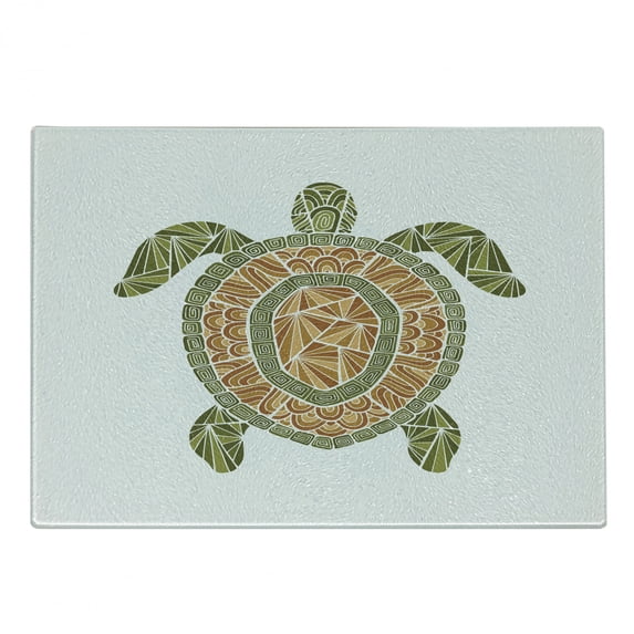 Vintage Tribal Cutting Board, Mosaic Zentangle Style Turtle Bohemian Design, Decorative Tempered Glass Cutting and Serving Board, in 3 Sizes, by Ambesonne