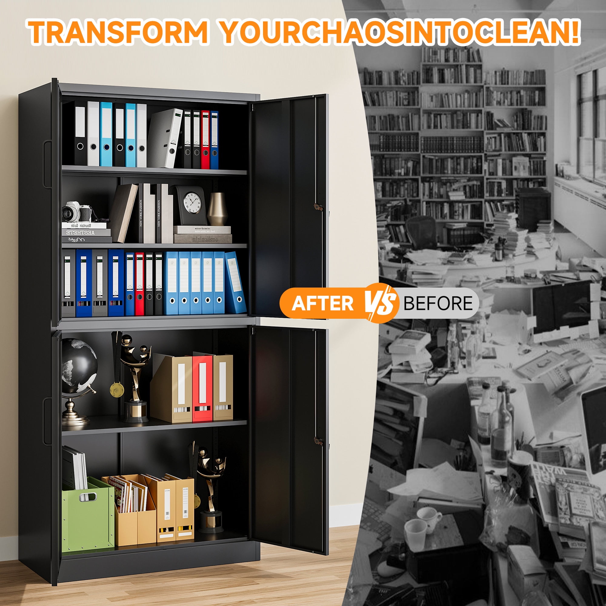 STANI Metal Tools Storage Cabinet, Black Garage Utility Cabinet,4 Doors & 3 Adjustable Shelves, Steel Locker with Lockable Door for Office, Home, Pantry