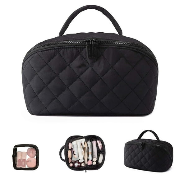 Portable Cosmetic Bag with Large Capacity, Travel Makeup Bag for Woman, 2026 New Large Capacity Pouch Open Flat Small Toiletry Bag with Brush Compartment & Handle, Black