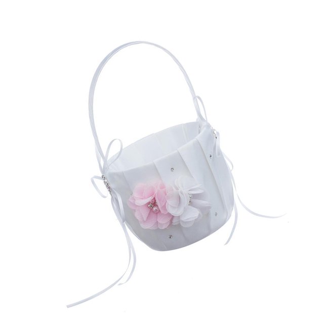 Cesta de flores Bewildely elegante de encaje con perlas de imitación y lazo rosa