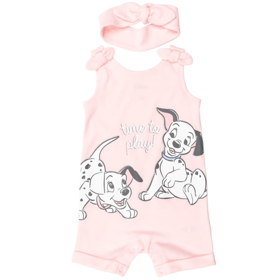 Disney 101 Dalmatians Baby Girls' Sleeveless Romper Pajama and Headband Set Pink 101 Dalmatians
