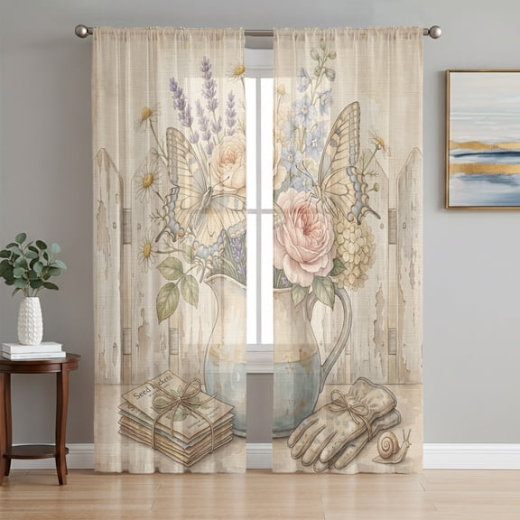 Roses Butterflies Sheer Curtains 84 Inch Length 2 Panels Set, Country Florals Vintage Distressed Wooden Window Treatment Rod Pocket Curtains Sheers Drapes for Bedroom/Living Room/Kitchen 52"x84"x2