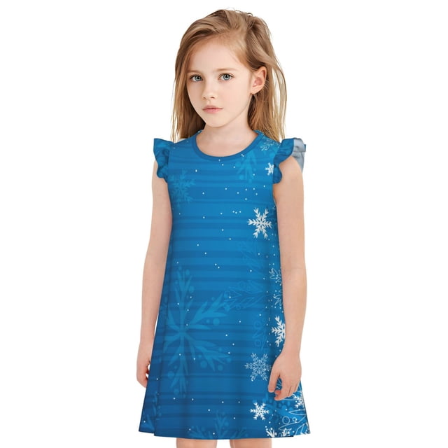 Fotbe Blue Christmas Vestido de Dormir para Niñas de 3 a 10 Años, Mangas Cortas, Estilo Princesa, Pijama Camisón con Mangas Voladas-X-Large