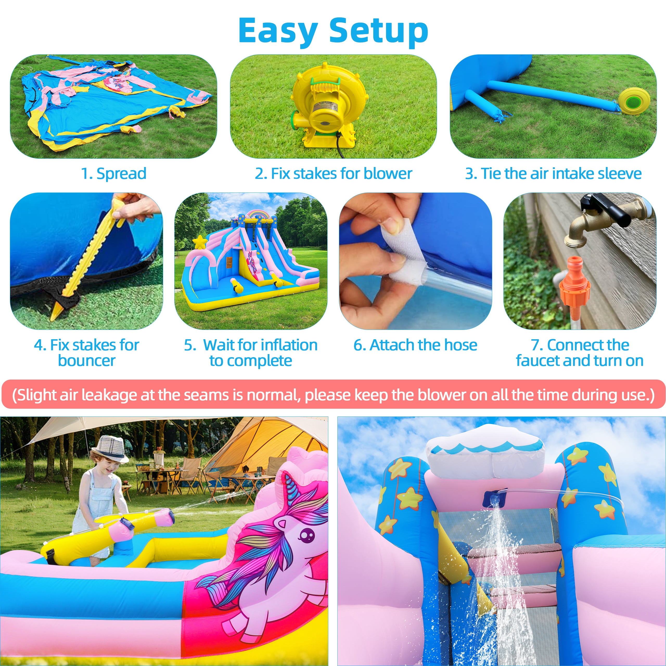 Inflatable Water Slide: 6 in 1 Bounce House Water Park for Kids - Climbing Wall Splash Pool 2 Water Cannon 2 Slide Basketball Rim - 550W Blower - for Outdoor Backyard Birthday Party