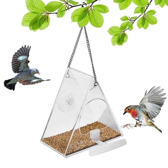 Comedero para pájaros, acrílico transparente, colgante, comedero para pájaros salvajes, bandeja de semillas para jardín interior y exterior
