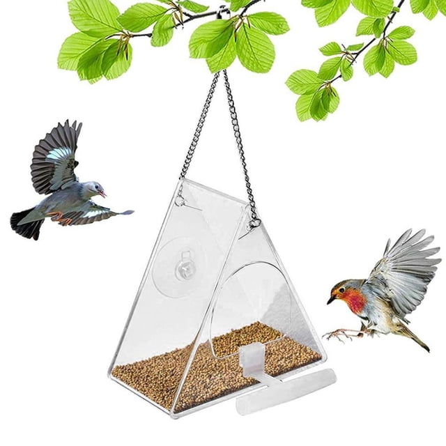 Comedero para pájaros, acrílico transparente, colgante, comedero para pájaros salvajes, bandeja de semillas para jardín interior y exterior