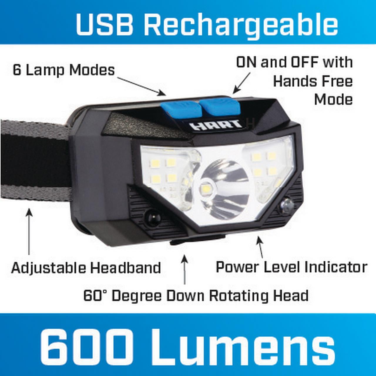 (3 pack) HART Rechargeable LED Headlamp, Hands Free, Adj. Headband, 5 Lighting Modes, Tilt Head, 500 Lumens
